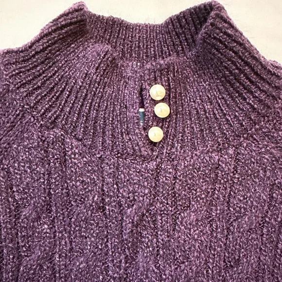 Karen Scott size medium petite purple mock neck cable knitted sweater - Picture 3 of 6